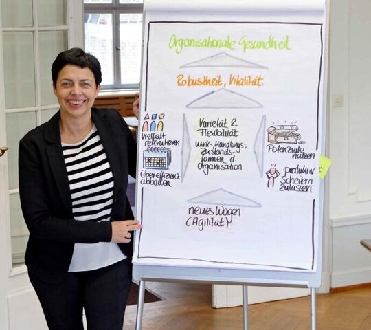 Eine Mitarbeiterin der PH HD steht bei einem Workshop zur Weiterbildung vor einem Whiteboard im Altbau.