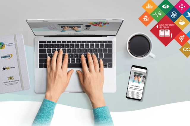 Screenshot von Titelbild der Webseite mit Händen am Laptop, Kafeetasse, Handy und den Symbolen der SDGs