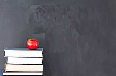 Das Bild zeigt einen roten Apfel, der auf einem Stapel Büchern liegt vor einem grauen Hintergrund.