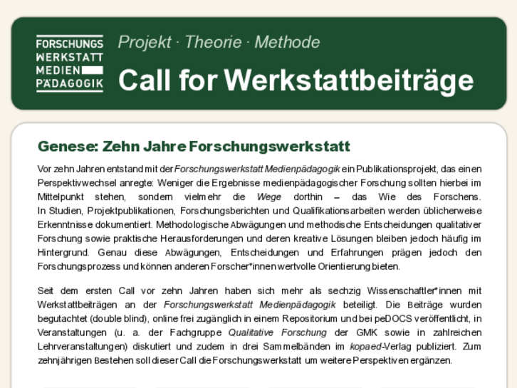 PDF: Call for Werkstattbeiträge – Zehn Jahre Forschungswerkstatt