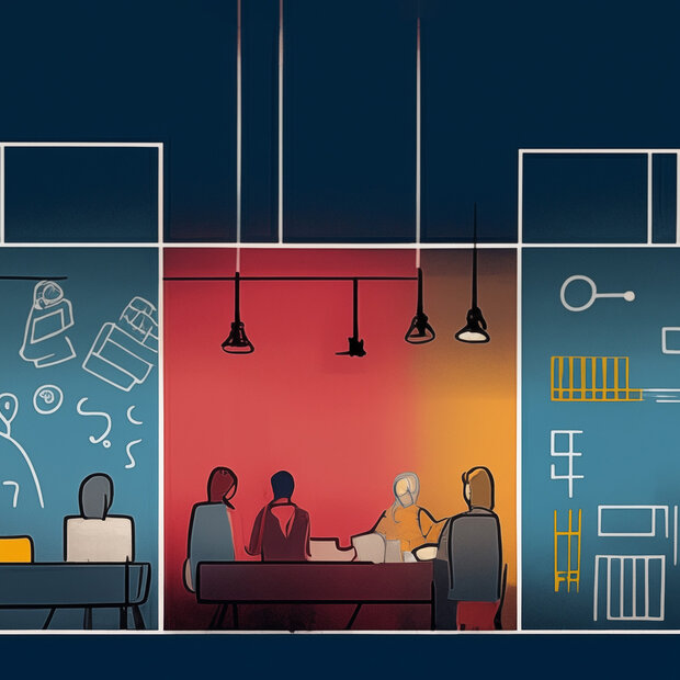 Die Grafik zeigt auf dunkelblauem Grund mehrere Fenster, in denen Menschen mit Laptops gemeinsam an Tischen sitzen; im Hintergrund technische Details.