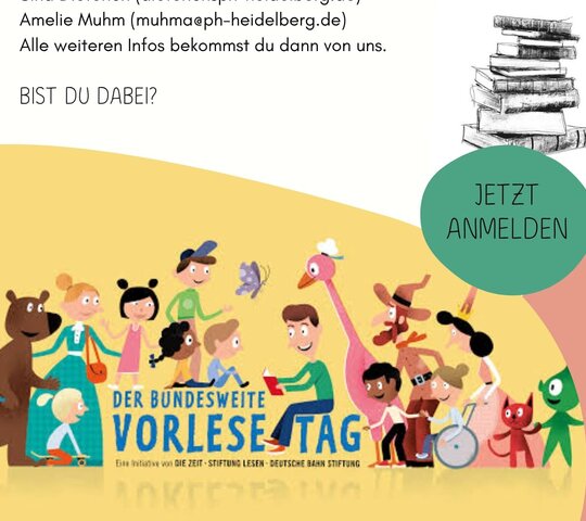 Zu sehen ist ein Ausschnitt des Flyers zum Vorlesetag. Dort gibt es eine Zeichnung mit Menschen und Tieren und Büchern.