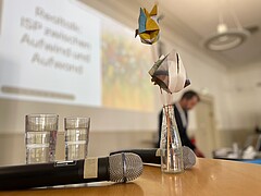 Das Symbolbild zeigt im Vordergrund einen Tisch, auf dem zwei Mikrofone liegen sowie zwei Gläser stehen. Im Hintergrund ist verschwommen eine Präsentation auf einer Leinwand wie auch ein Redner zu sehen.