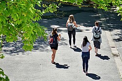 Das Bild zeigt vier Studierende in dem Innenhof der PH laufen.