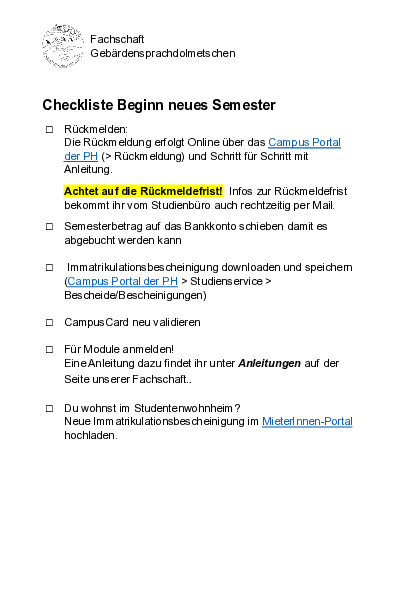 Checkliste Beginn neues Semester (PDF-Datei), zum Öffnen klicken