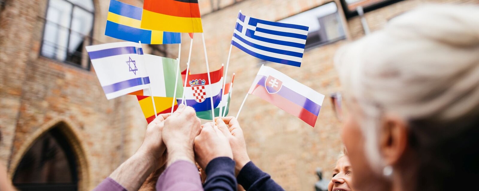 Eine Personengruppe hält Länderflaggen in die Luft