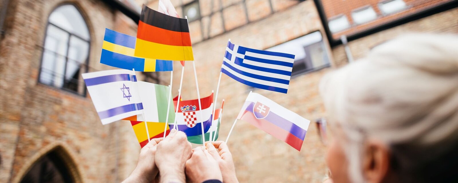 Eine Personengruppe hält Länderflaggen in die Luft