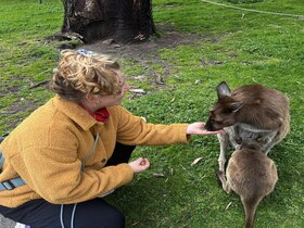 Zu sehen ist Studentin Angela Maidhof beim Füttern eines Kängurus in Australien.