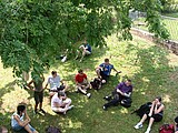 Gruppe sitzt im Gras unter einem Baum, Zaun im Hintergrund