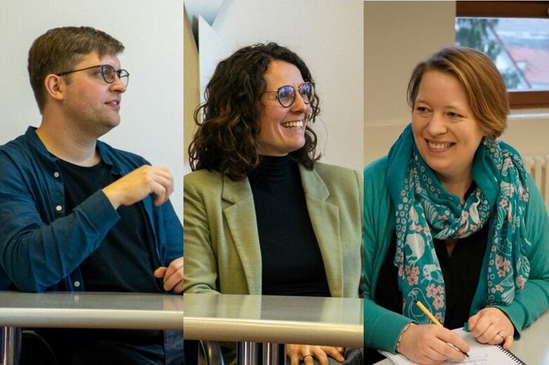 Das Bild ist eine Collage und zeigt David Dörrer, Chrsitina Mechler und Nina Rudolph im Gespräch.