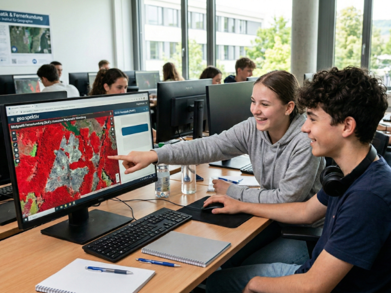 Schülerinnen und Schüler lernen, wie Satellitenbilder ausgewertet werden.